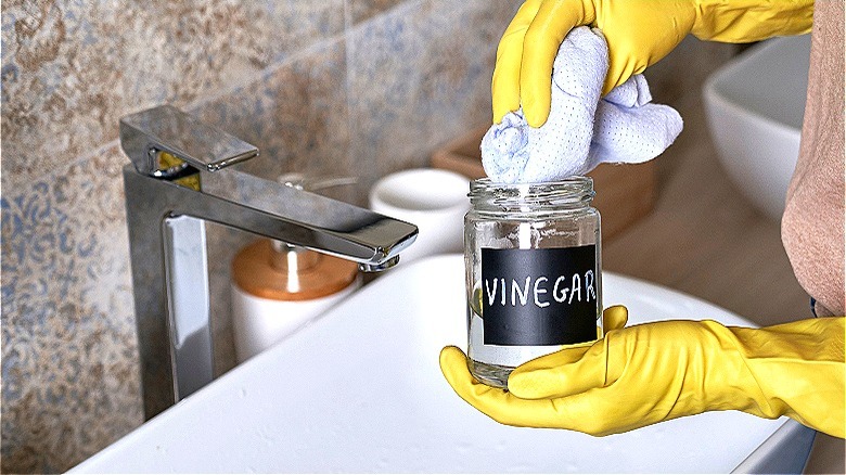 Person cleaning bathroom with vinegar