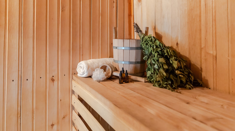 Sauna bench with relaxing accessories