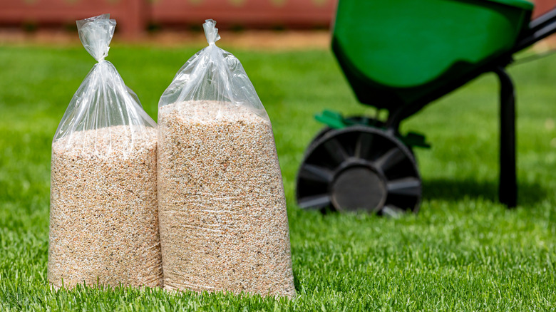 Two bags of fertilizer and herbicide on lawn in front of a spreader