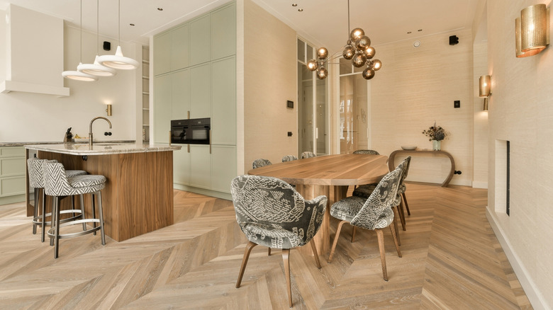 A modern kitchen and dining area