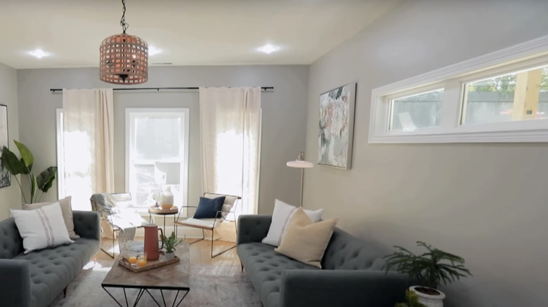 living room with skinny window