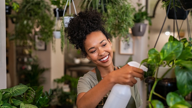 Woman spraying plants