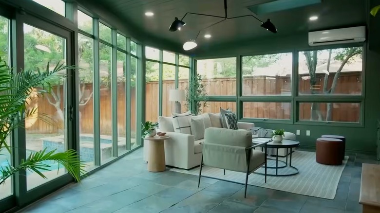 sunroom color-drenched in green