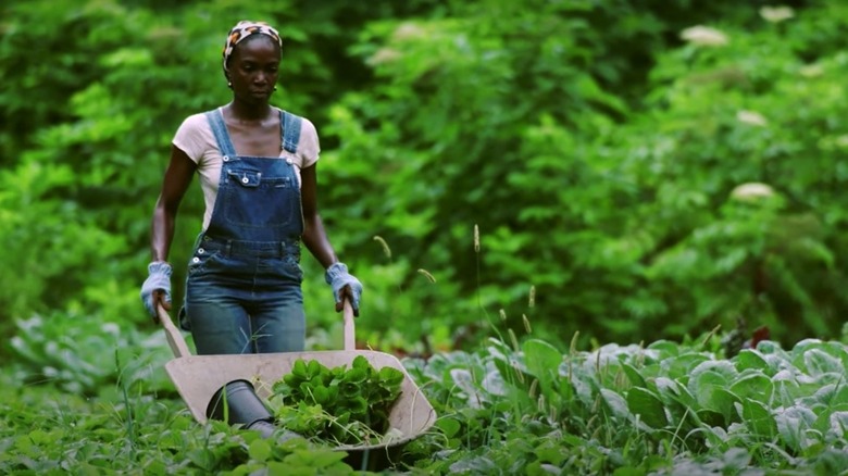 Jamila Norman pushing a wheelbarrow