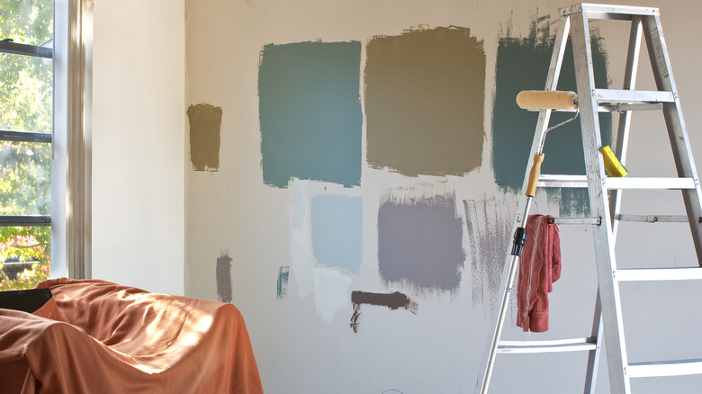 Blue, purple, and brown paint swatches on wall with ladder