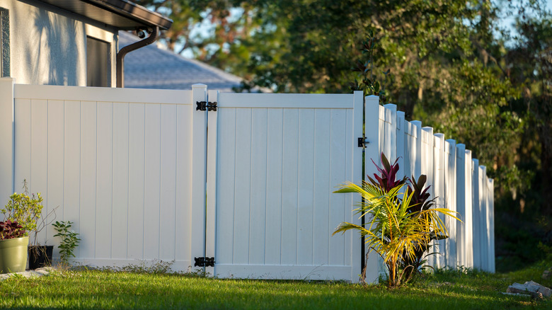 White vinyl fence with gate on a home, plants placed nearby