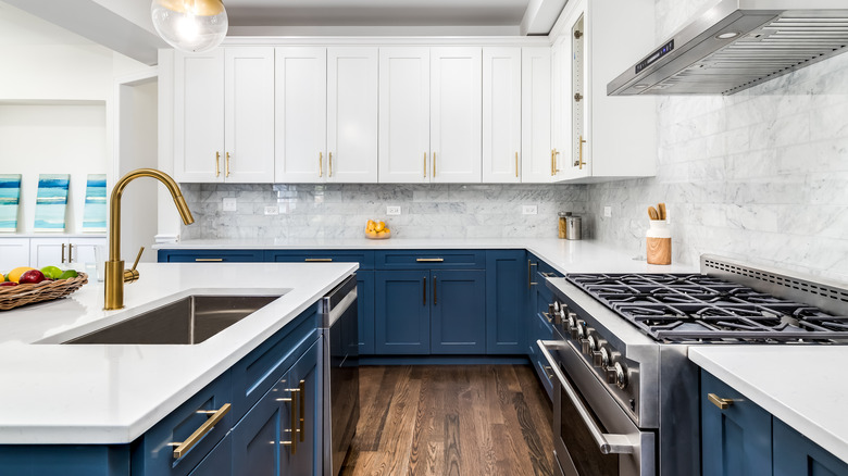 Blue cabinets with white countertops