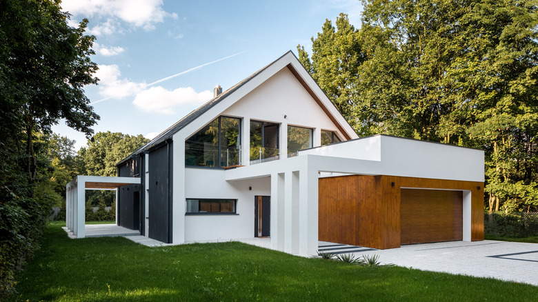 house with wooden garage door