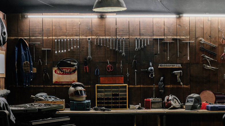 Garage wall featuring tool bench