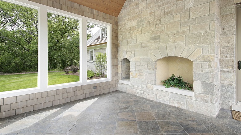 indoor porch with fireplace