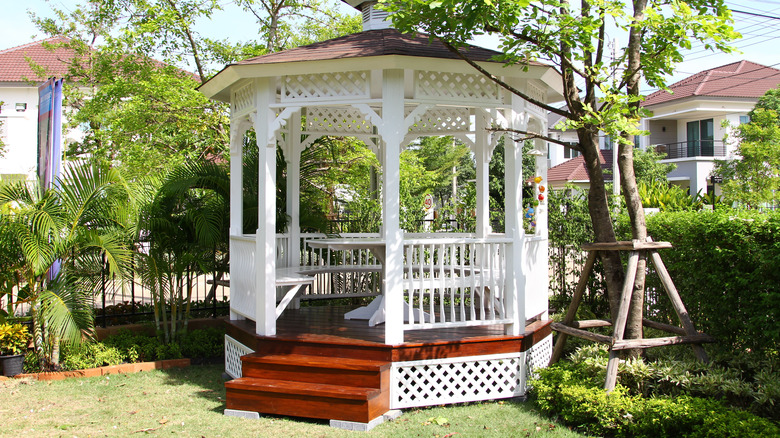 white gazebo in garden