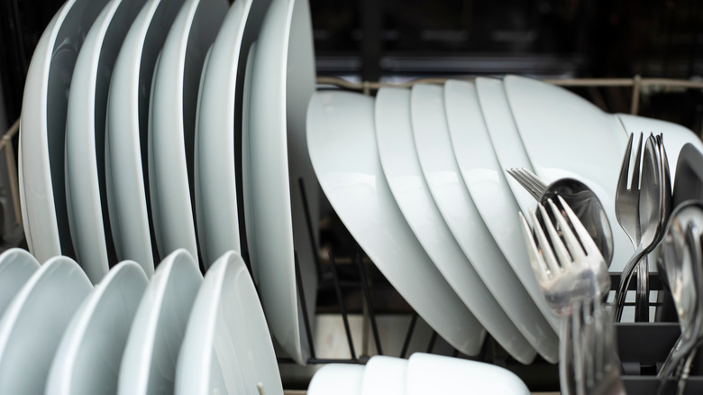 plates and silverware inside dishwasher 