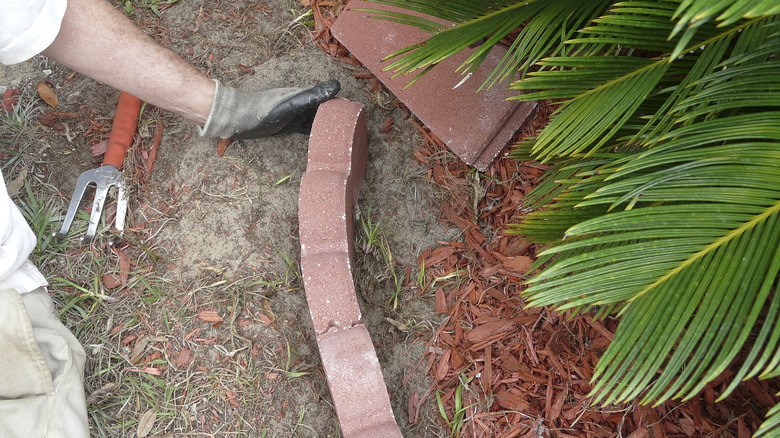 Person installing paver edging