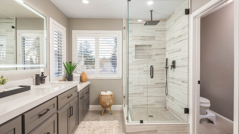 Bathroom with frameless glass shower door