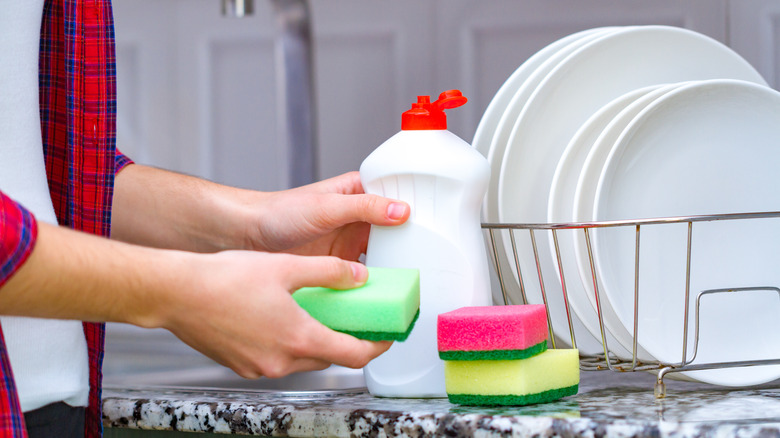 hands holding soap and sponge