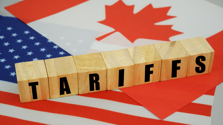 Wooden cubes spelling tariffs on the U.S. and Canada flags