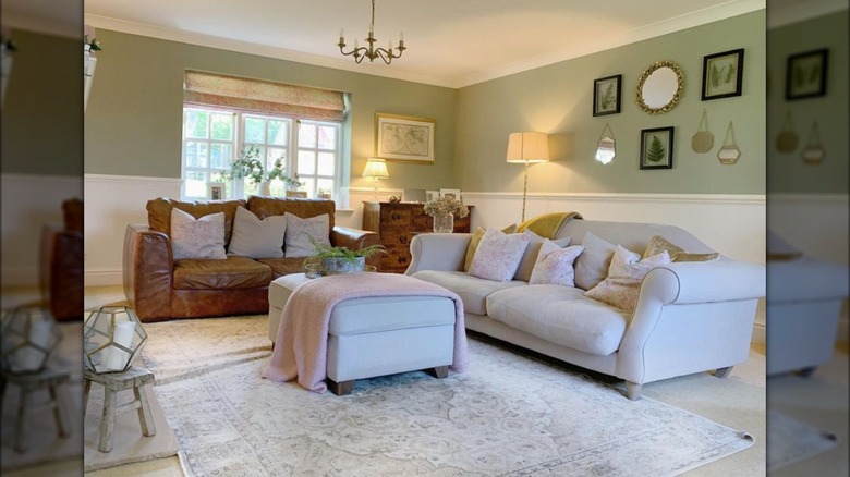 leather and cotton sofas in living room 