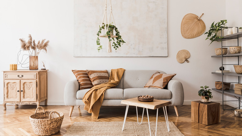 gray sofa with brown accents