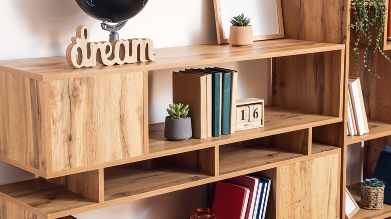 book shelf with books and plant