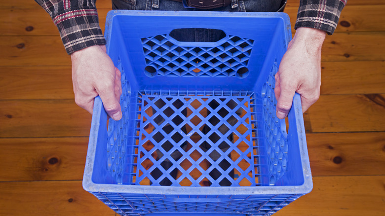 Person holding empty milk crate