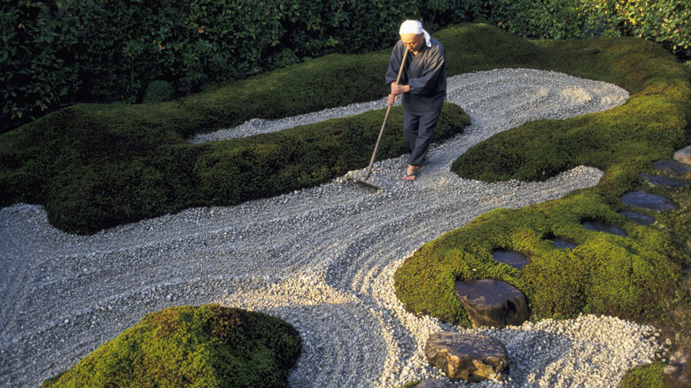 Person raking gravel in a garden