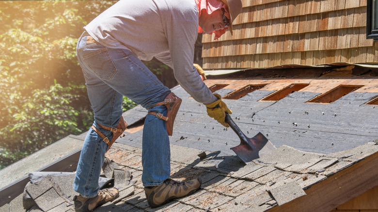 A man wearing kneepads removes old grey shingles from a roof