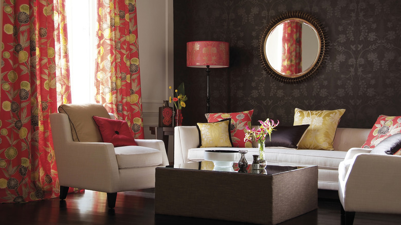 lounge with patterned curtains