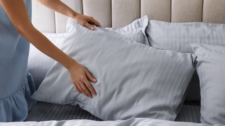 person placing pillows onto bed