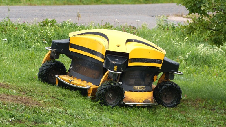 Yellow remote control lawn mower cutting grass