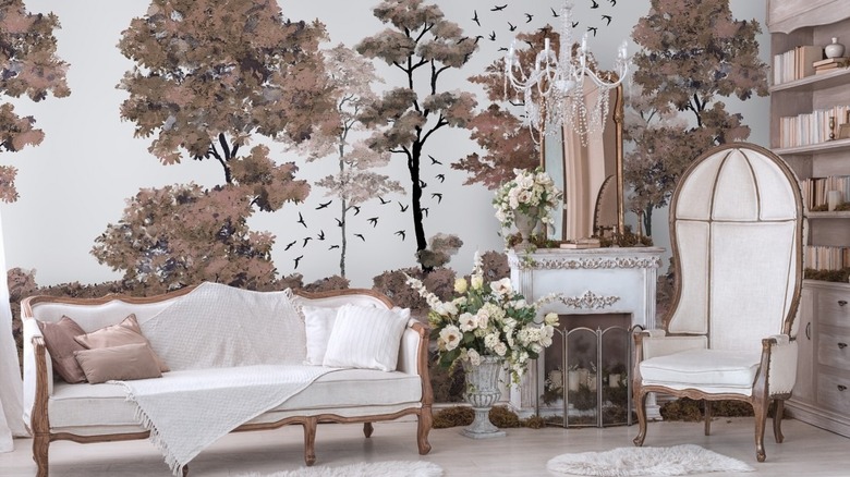 Drawing room with scenic wallpaper