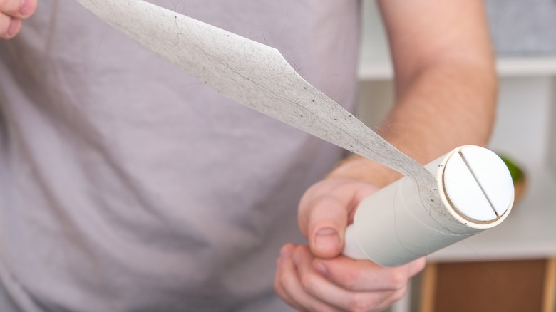 Person tearing section off of lint roller