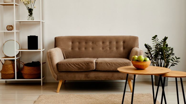 A minimal living room has a brown velvet couch in front of a coffee table with a plant and shelf beside it