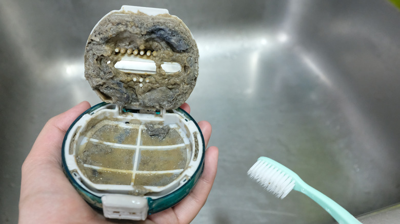 washer lint trap in sink with toothbrush