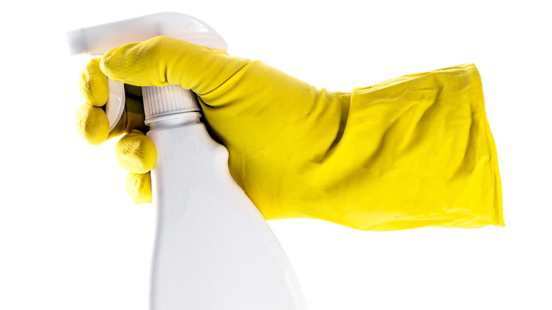 rubber glove and spray cleaner