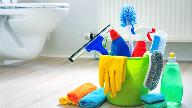 Home cleaning supplies in bucket