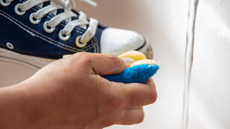 Sneaker being hand washed