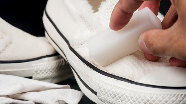 Canvas shoes being cleaned