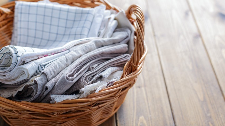 Basket of clean kitchen towels