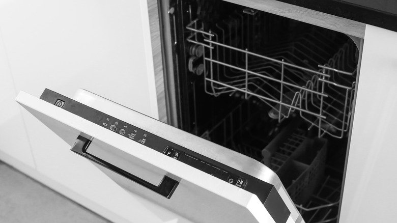 View of open dishwasher 