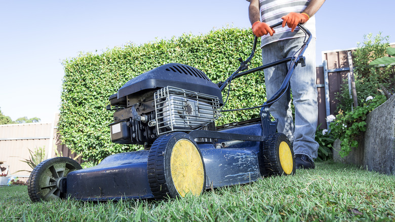 man pushing lawn mower