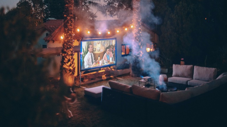 movie screen in a backyard