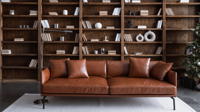 leather couch by bookshelf