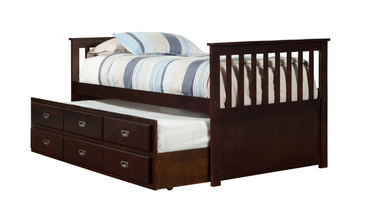 trundle bed dark frame striped bedding