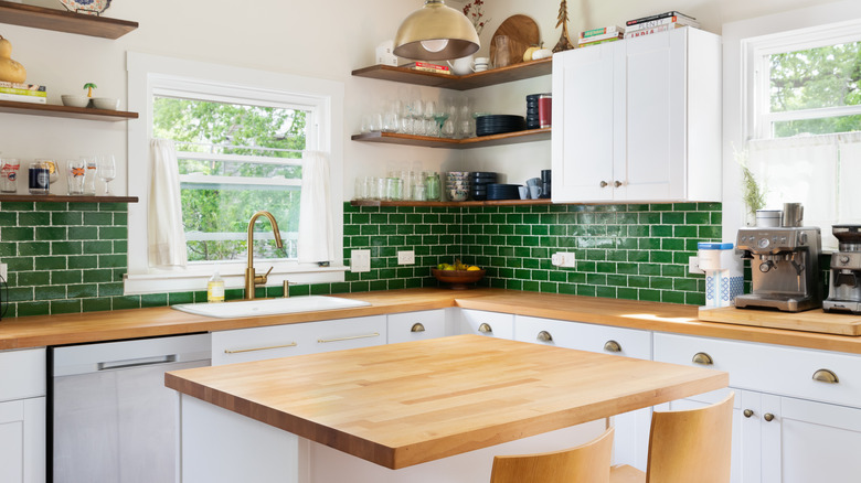 green tiled backsplash