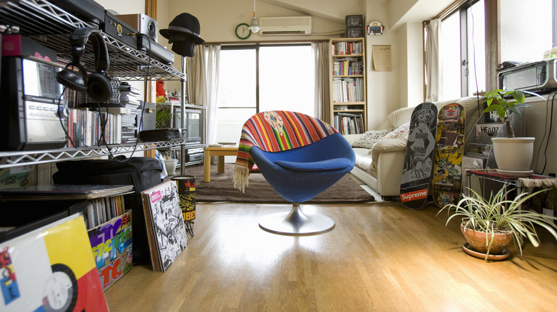 Living room with retro touches and bright art