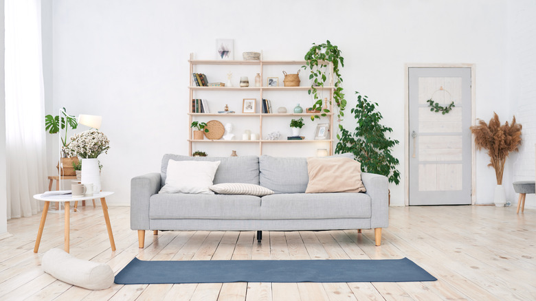 blue yoga mat in living room