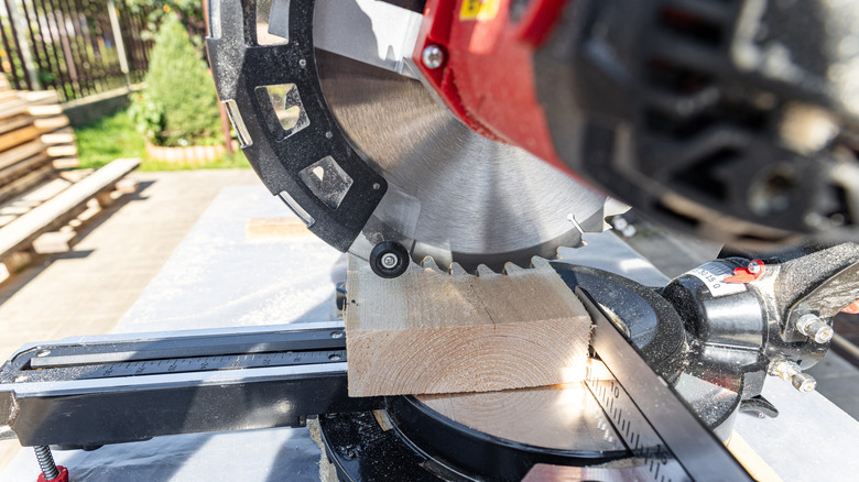 Miter saw used to cut angled closet shelves