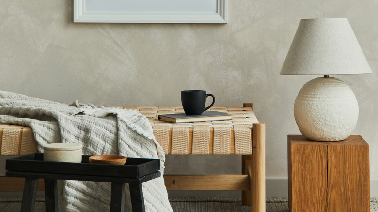 white lamp on wooden table