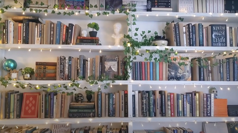 bookshelves with fairy string lights