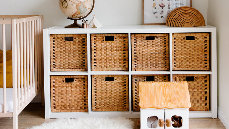 wicker baskets in cubby shelf